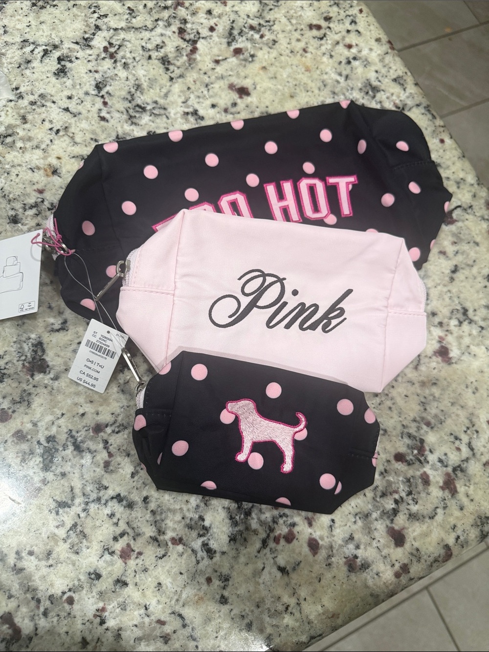 PINK Victoria's Secret Pink & Black Polka Dot Kids Accessory Pouch Trio